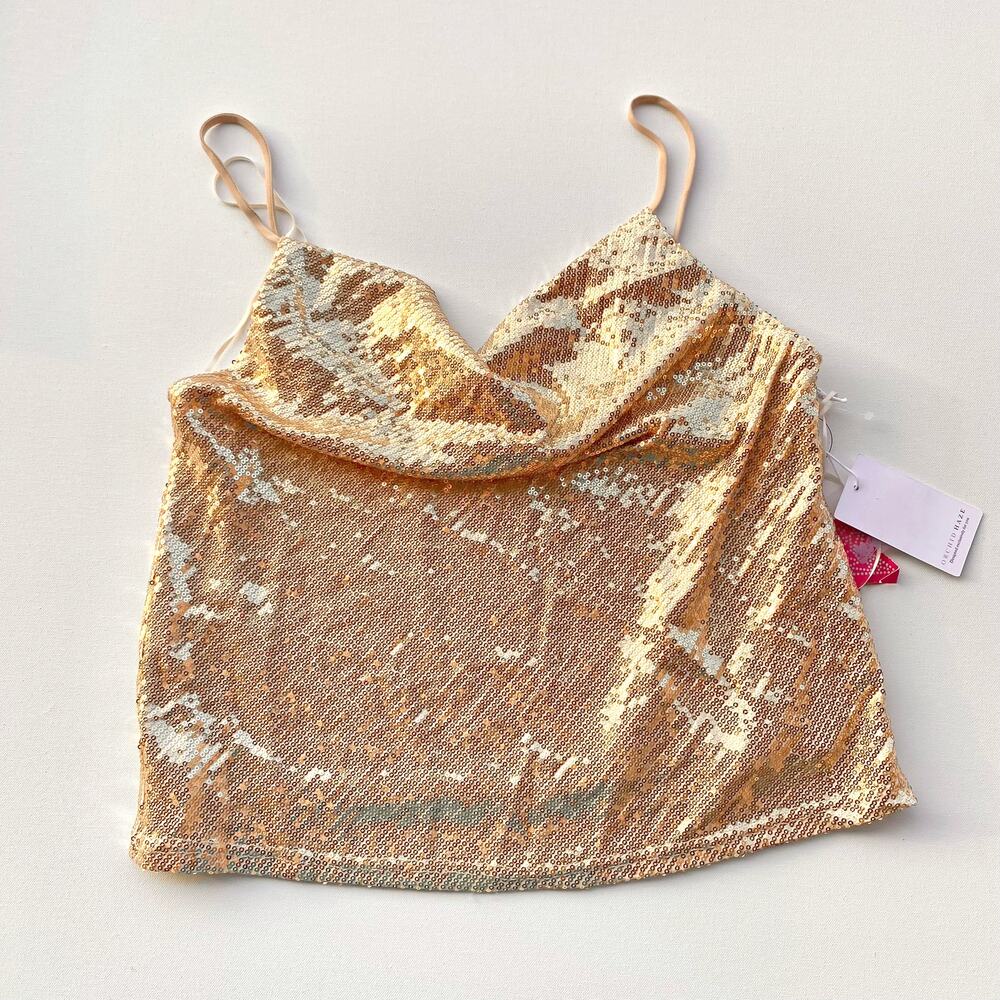 Orchid Haze : NEW Gold Sequin Cowl Neck Strappy Cami Tank Top : M